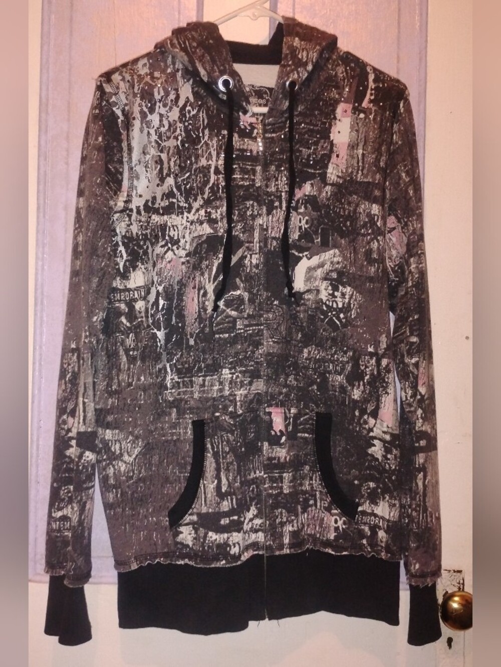 Abstract Print Zip Hoodie in Gray & Black And A Little Splash Of Pink